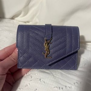 YSL Small Wallet in purple grained calfskin with gold hardware. Never used.